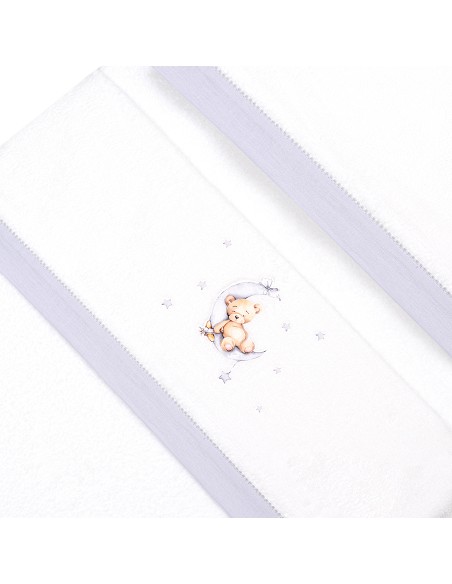 Triptico Cuna Coralina Estampado Oso Luna Estrellas + Broche Bco/Gris