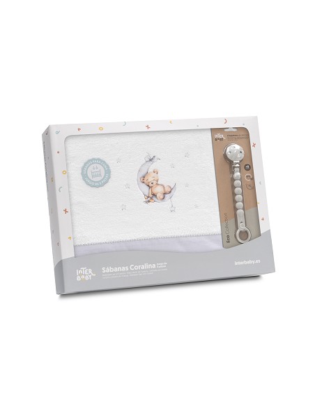 Triptico Cuna Coralina Estampado Oso Luna Estrellas + Broche Bco/Gris