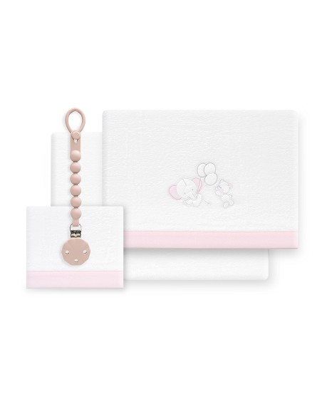 Triptico Cuna Coralina Oso Elefante Globos +Broche Bco/Rosa