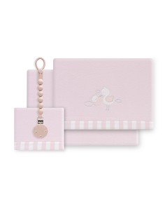 Triptico Cuna Coralina Cigueña Oso + Broche Rosa