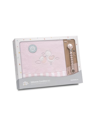 Triptico Cuna Coralina Cigueña Oso + Broche Rosa