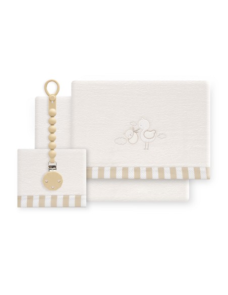 Triptico Cuna Coralina Cigueña Oso + Broche Beig