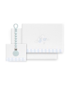 Triptico Cuna Coralina Cigueña Oso + Broche Bco/Azul