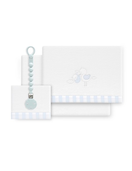 Triptico Cuna Coralina Cigueña Oso + Broche Bco/Azul