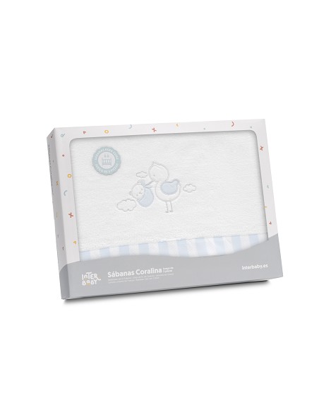 Triptico Cuna Coralina Cigueña Oso + Broche Bco/Azul