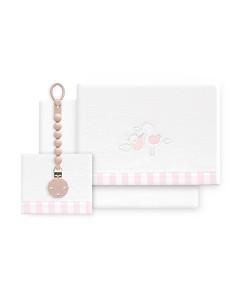Triptico Cuna Coralina Cigueña Oso + Broche Bco/Rosa