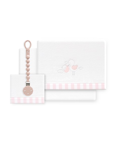 Triptico Cuna Coralina Cigueña Oso + Broche Bco/Rosa