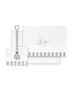 Triptico Cuna Coralina Cigueña Oso + Broche Bco/Gris