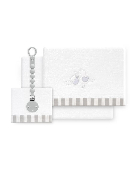 Triptico Cuna Coralina Cigueña Oso + Broche Bco/Gris
