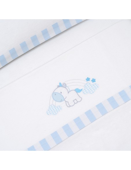 Triptico Minicuna Franela Modelo Unicornio Nubes Bco/Azul