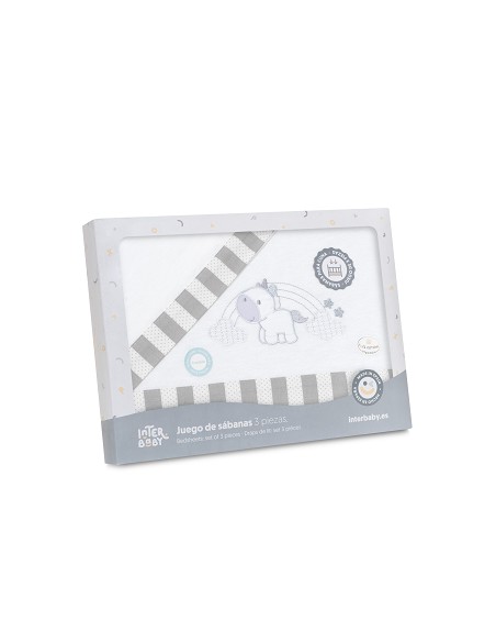 Triptico Minicuna Franela Modelo Unicornio Nubes Bco/Gris