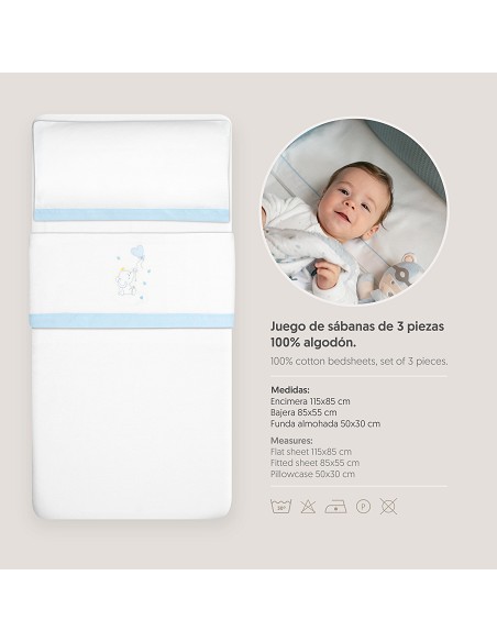 Triptico Minicuna Franela Elefante Globo Corazon Bco/Azul