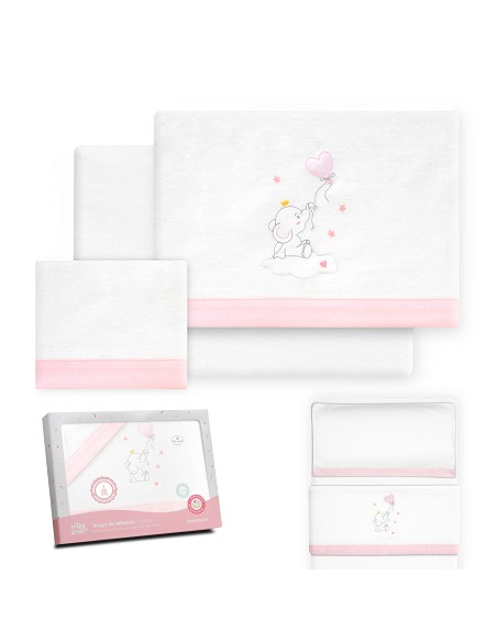 Triptico Minicuna Franela Elefante Globo Corazon Bco/Rosa