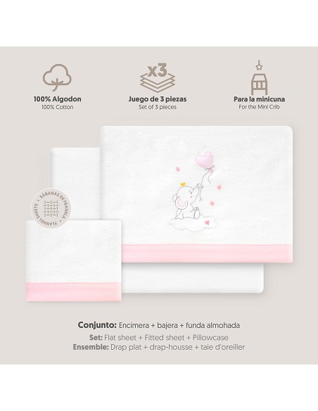 Triptico Minicuna Franela Elefante Globo Corazon Bco/Rosa