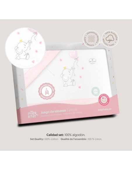 Triptico Minicuna Franela Elefante Globo Corazon Bco/Rosa
