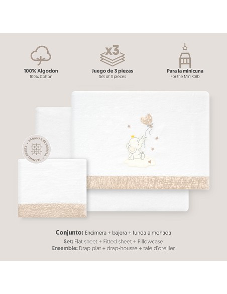 Triptico Minicuna Franela Elefante Globo Corazon Bco/Beig