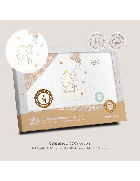 Triptico Minicuna Franela Elefante Globo Corazon Bco/Beig