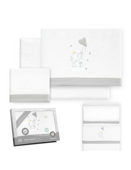 Triptico Minicuna Franela Elefante Globo Corazon Bco/Gris