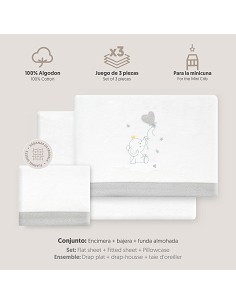 Triptico Minicuna Franela Elefante Globo Corazon Bco/Gris 2