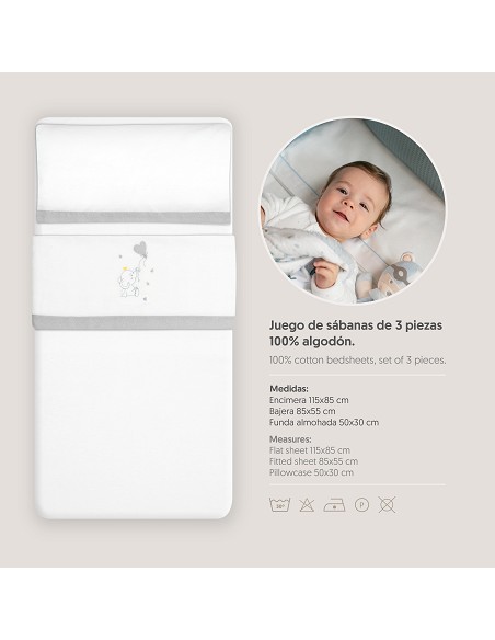 Triptico Minicuna Franela Elefante Globo Corazon Bco/Gris