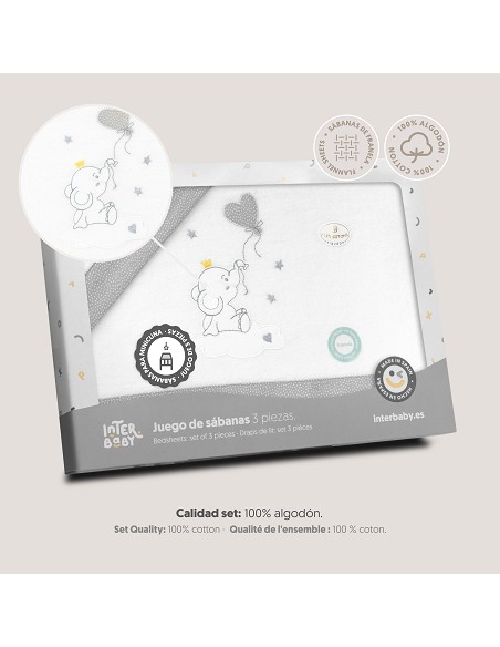 Triptico Minicuna Franela Elefante Globo Corazon Bco/Gris