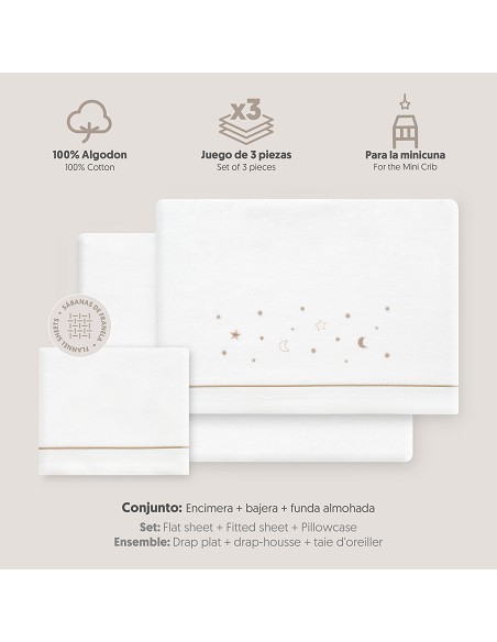 Triptico Minicuna Franela Estrellas Luna Bco/Beig