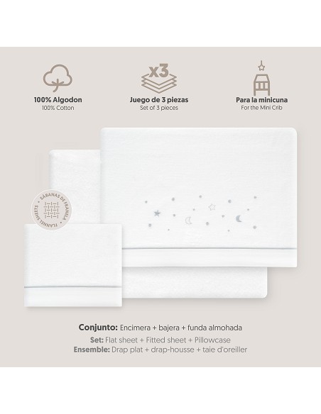 Triptico Minicuna Franela Estrellas Luna Bco/Gris