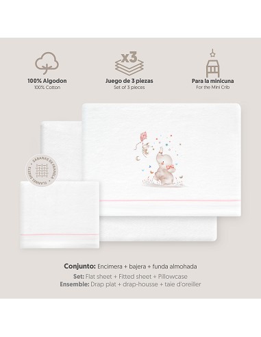 Triptico Minicuna Franela  Mod Elefante Bco/Rosa