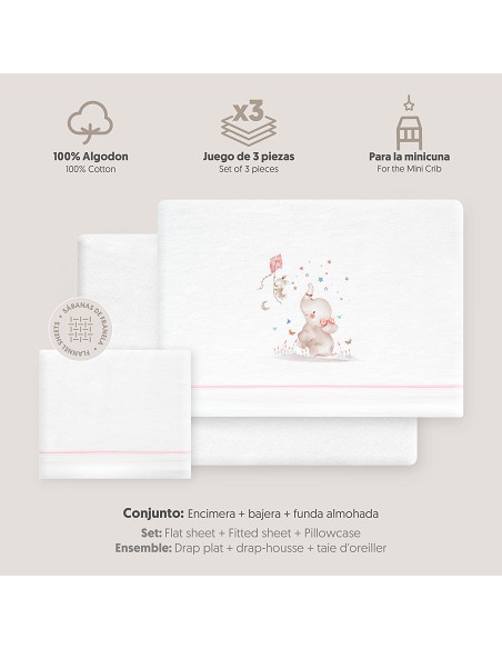 Triptico Minicuna Franela  Mod Elefante Bco/Rosa