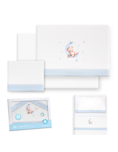 Triptico Minicuna Franela Estampado Oso Luna Estrellas Bco/Azul