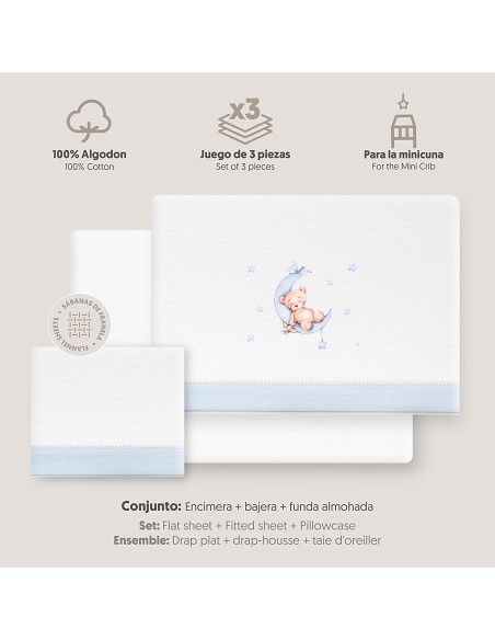 Triptico Minicuna Franela Estampado Oso Luna Estrellas Bco/Azul
