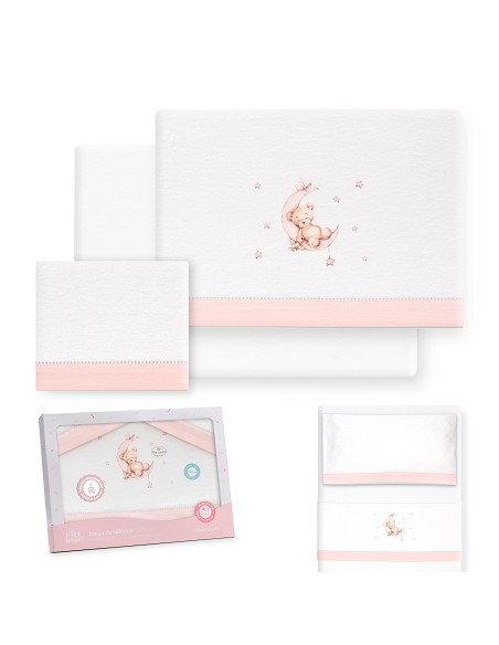 Triptico Minicuna Franela Estampado Oso Luna Estrellas Bco/Rosa
