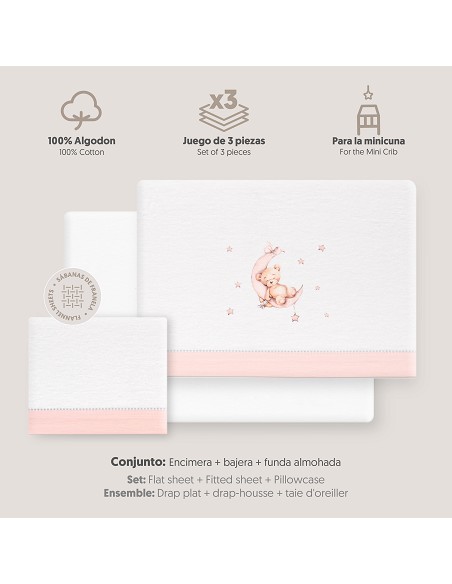 Triptico Minicuna Franela Estampado Oso Luna Estrellas Bco/Rosa