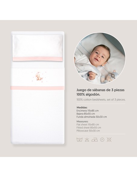 Triptico Minicuna Franela Estampado Oso Luna Estrellas Bco/Rosa