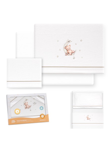 Triptico Minicuna Franela Estampado Oso Luna Estrellas Bco/Verde