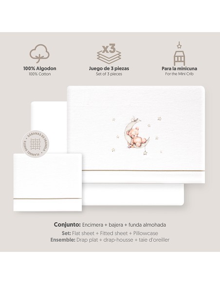 Triptico Minicuna Franela Estampado Oso Luna Estrellas Bco/Verde