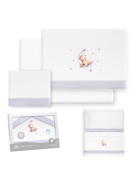 Triptico Minicuna Franela Estampado Oso Luna Estrellas Bco/Gris