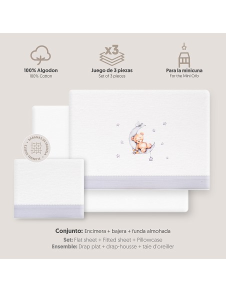 Triptico Minicuna Franela Estampado Oso Luna Estrellas Bco/Gris