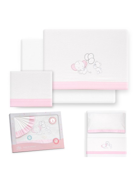 Triptico Minicuna Franela Oso Elefante Globos Bco/Rosa