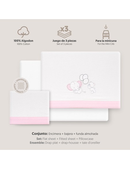 Triptico Minicuna Franela Oso Elefante Globos Bco/Rosa