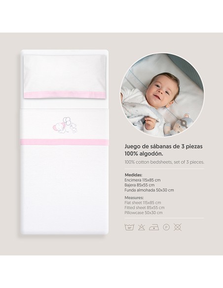 Triptico Minicuna Franela Oso Elefante Globos Bco/Rosa
