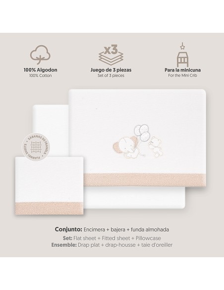 Triptico Minicuna Franela Oso Elefante Globos Bco/Beig