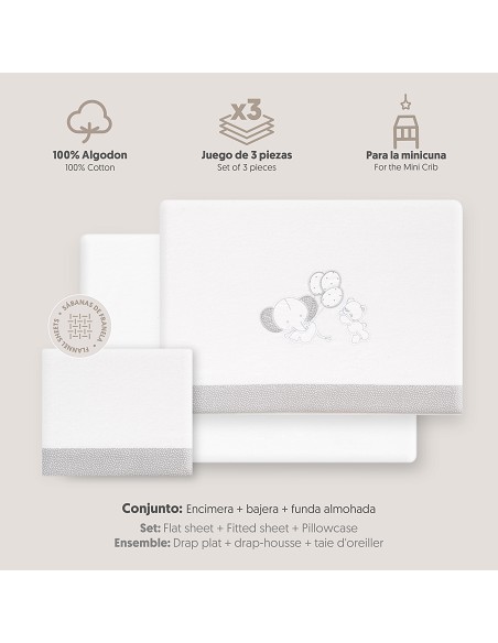 Triptico Minicuna Franela Oso Elefante Globos Bco/Gris