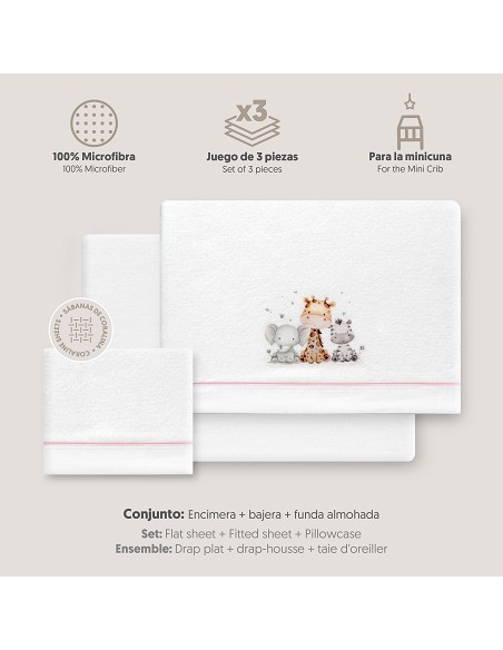 Triptico Minicuna Coralina Estampado Jirafa Elefante Bco/Rosa