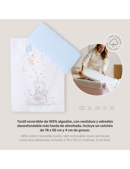 Minicuna+Textil Bco Mod Elefante Azul