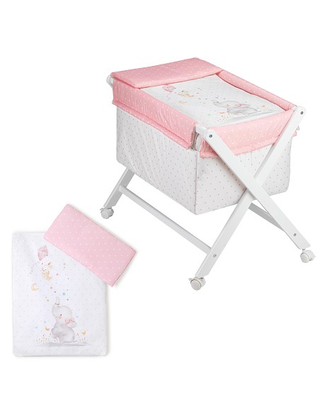 Minicuna+Textil Bco Mod Elefante Rosa