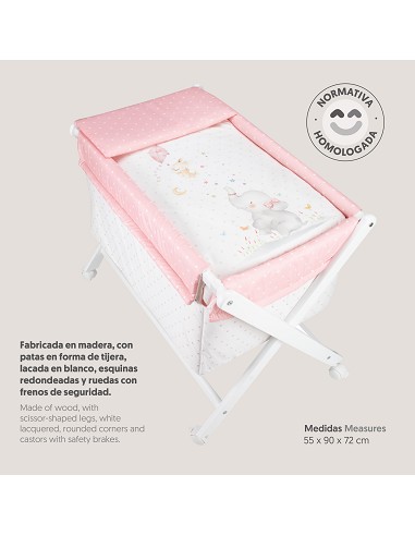Minicuna+Textil Bco Mod Elefante Rosa