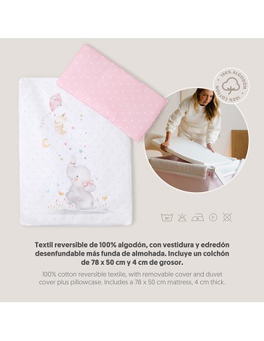 Minicuna+Textil Bco Mod Elefante Rosa