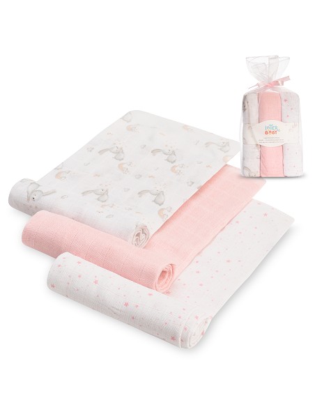 Gasas 80X80 Pack3 Modelo Conejitos Estrellas Rosa