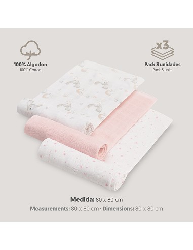 Gasas 80X80 Pack3 Modelo Conejitos Estrellas Rosa
